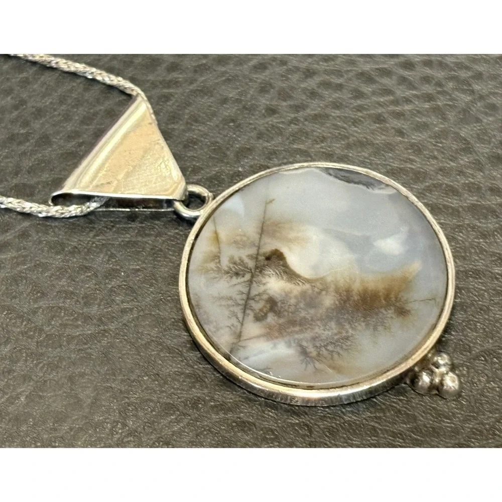 VTG Large Artisan Sterling Silver Moss Picture Agate Modernist Pendant 925 Chain